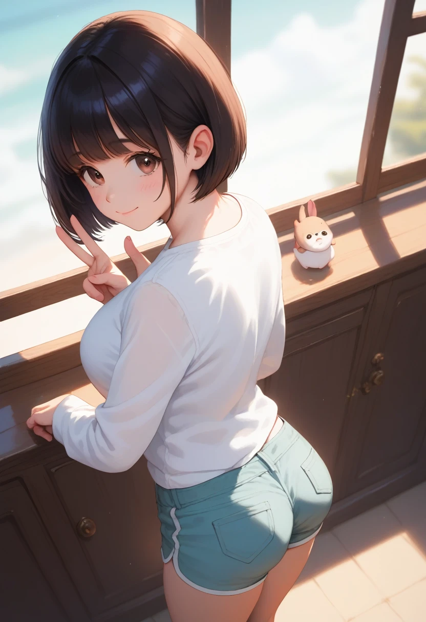 score_9,score_8_above,score_7_above,masterpiece,  of the highest quality , source_anime, realistic, saboveer detailed, detailed extreme , Assessment_explicit, 
 a girl, standing, from behind, underneath,  Looking at the viewer,
BREAK garota, 22yo,  short hair, (bob cut:1.2), ear, ( uncut bangs),  black hair , (puppet,  detailed and cute brown eyes),   curly lashes , (  large breasts :0.8), 
shiny hair,  beautiful and detailed eyes,  beautiful face , 
white shirt,  long sleeves , cotton shorts, (curve:1.2), [round ass,
embarrassed, Blush, smile,
Room, 