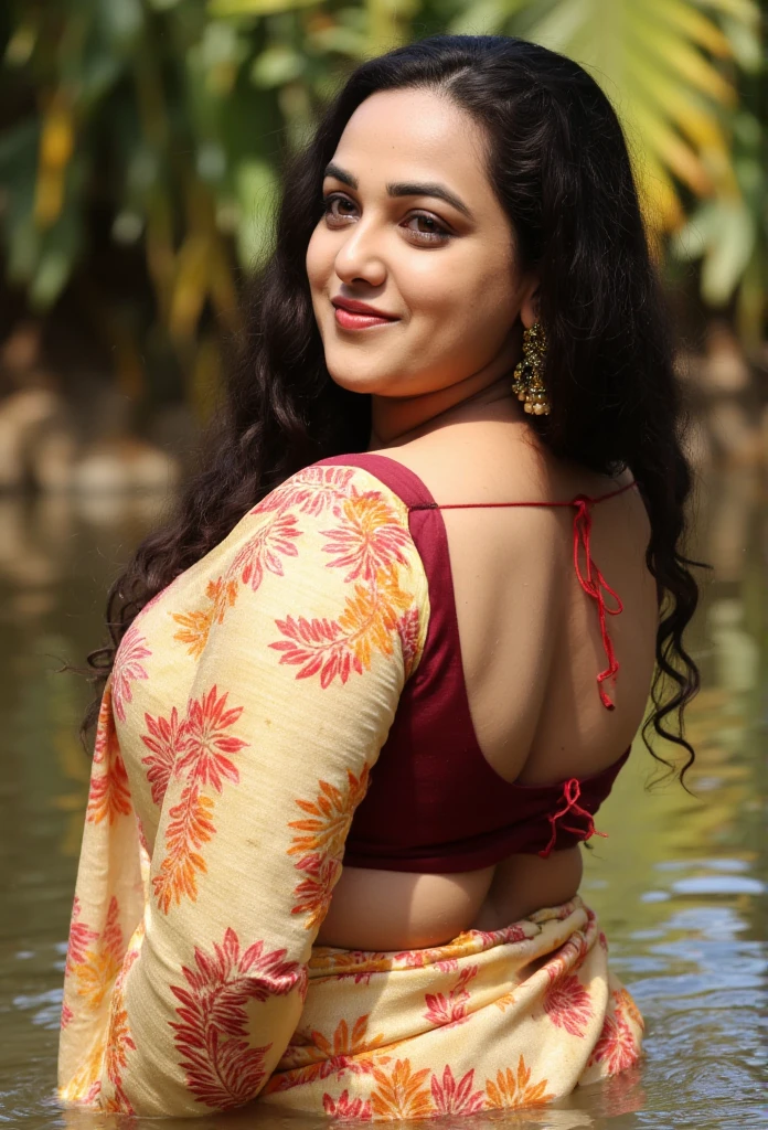 Beautiful Indian woman wearing saree taking bath in river, High quality, highly detailed, detailed skin, beautiful face, georgeous, huge breasts, thick body, sexy, hot, realistic, absolute reality, real, 4k quality, sun light filtering through leaves and highlighting the details. Beautiful eyes, black curly hair, detailed hair, standing knee deep water. Soft skin,