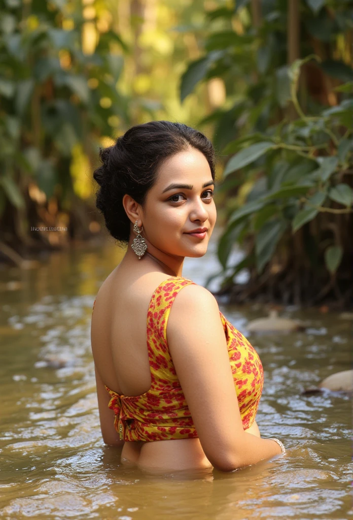 Beautiful Indian woman wearing saree taking bath in river, High quality, highly detailed, detailed skin, beautiful face, georgeous, huge breasts, thick body, sexy, hot, realistic, absolute reality, real, 4k quality, sun light filtering through leaves and highlighting the details. Beautiful eyes, black curly hair, detailed hair, standing knee deep water. Soft skin,