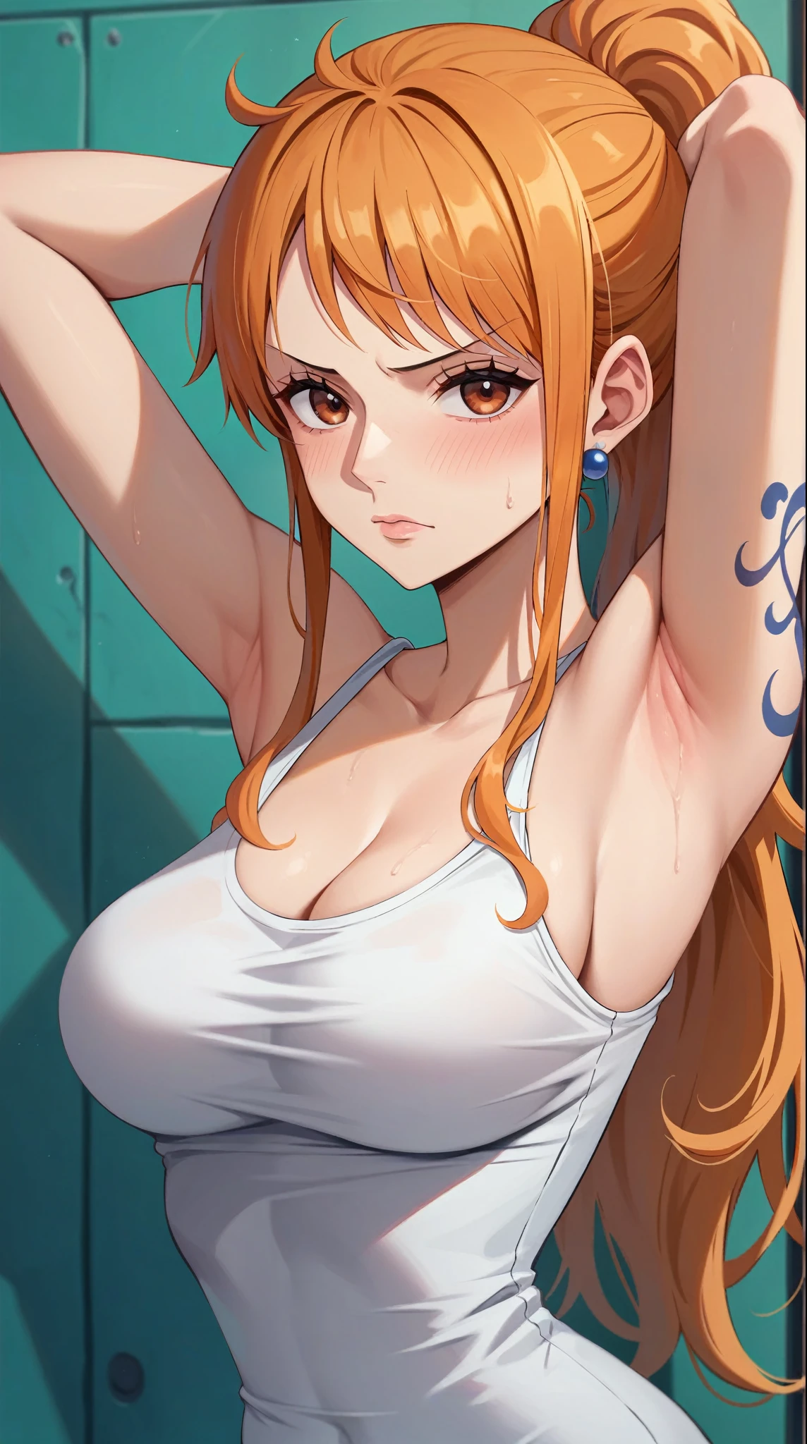 ((Put your arms behind your head)),side,side汗,Nami from One Piece, Long orange ponytail hair, 
(Highest quality, 4K, 8k, High resolution, masterpiece:1.2), Very detailed, 
Beautiful brown eyes, Blushing,Anime Style,


&#39;Remove Prompt&#39; Add HDR, 超High resolution, Studio Lighting, Ultra-fine painting, Swimwear,