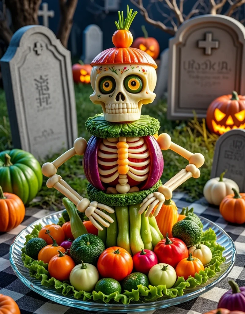 On Halloween night, various vegetables are cleverly assembled into a cute skeleton warrior, realistic photography, Halloween food carving, unique shape, colorful colors, bright colors, standing on a high-grade transparent jade plate, gloomy cemetery, paved with latticework Tablecloth, detail characterization, food product photography, film and television lighting effects, advanced filters, octane rendering