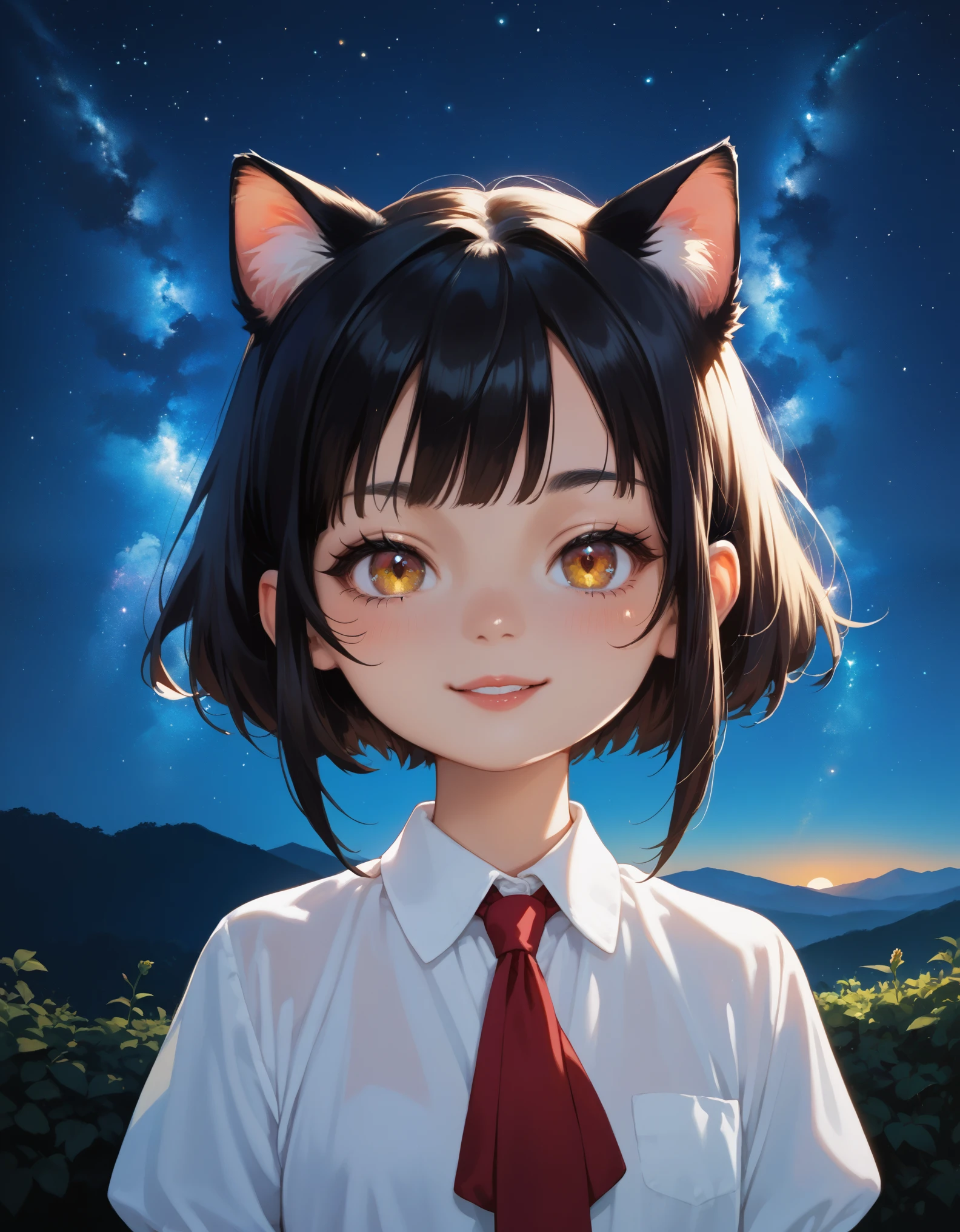 score_9, score_8_up, score_7_up, source_anime, best quality, masterpiece, seductive_smile, looking at viewer, 1girl, anime coloring, loli, cat ears, starry night sky, 