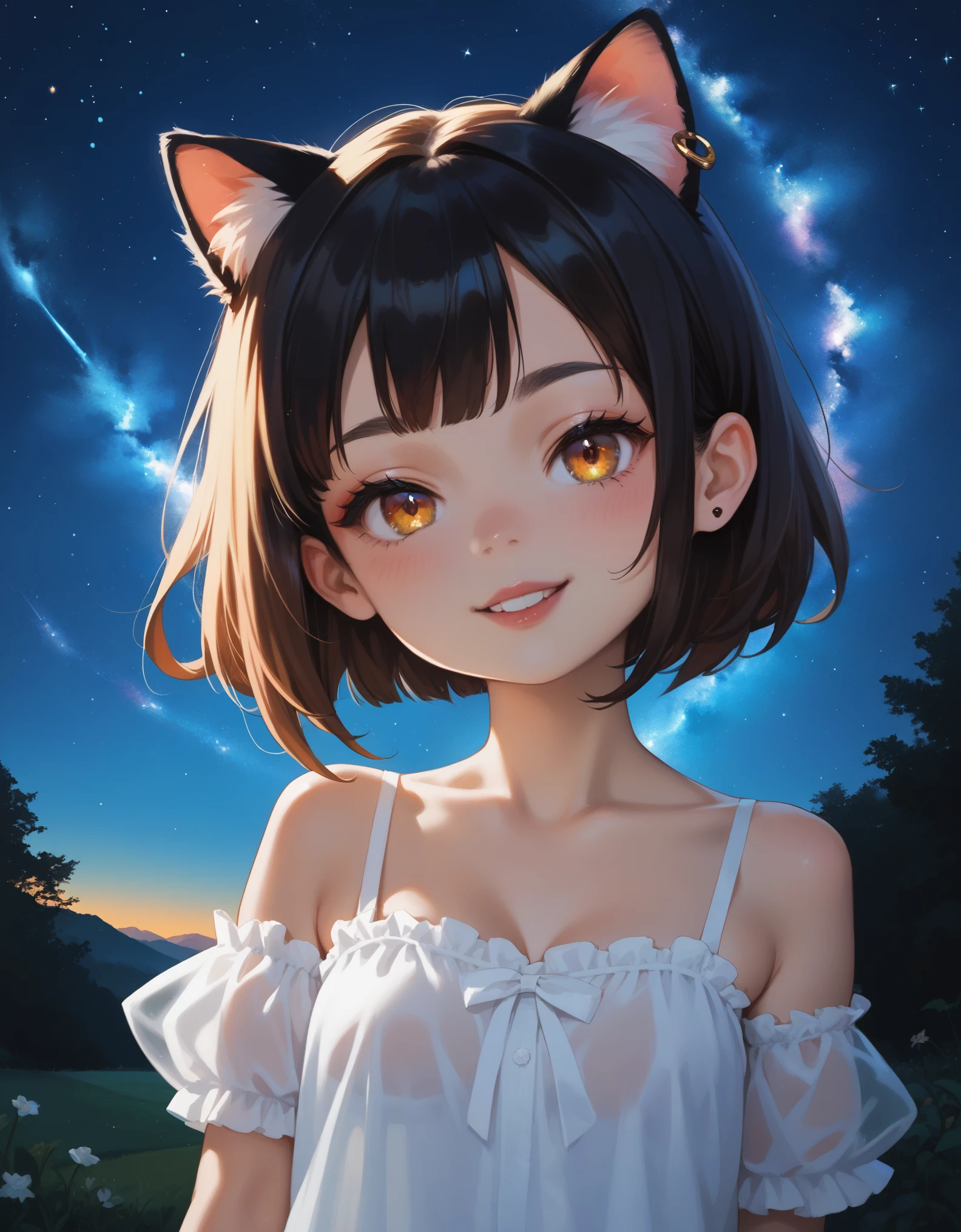 score_9, score_8_up, score_7_up, source_anime, best quality, masterpiece, seductive_smile, looking at viewer, 1girl, anime coloring, loli, cat ears, starry night sky, 