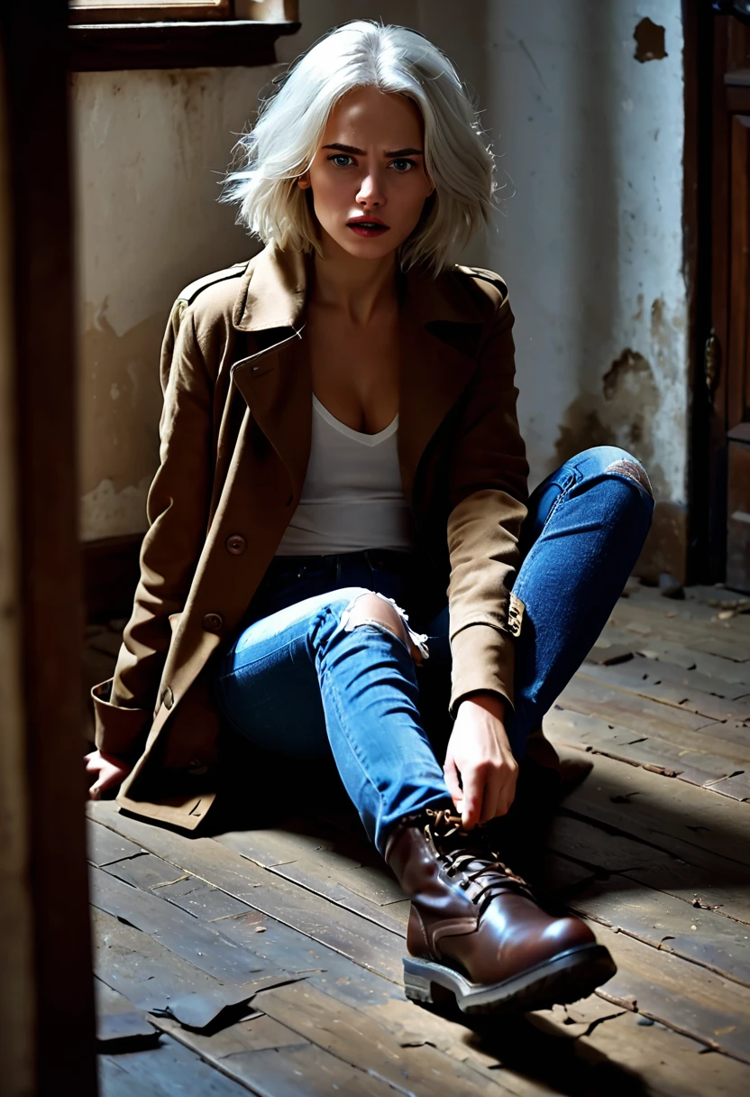 ((suspense scene ((CONCEPT ART)), extremely detailed with a girl wearing blue jeans, and brown coat and boots)), (better lighting, better shadow, an extremely delicate and scary), (digital illustration), ((4k painting)), [(dynamic angle,((1womem),white hair, (beautiful face, perfect face, scared,) expression of fear, torn clothes, a gun in hand, sitting on the floor, darkness, scary house),  [:(dark, mysterious, game paint, sinister setting, jagged corridors, big house, deadly silence):] pokaż ciało 