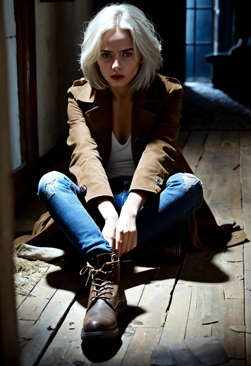 ((suspense scene ((CONCEPT ART)), extremely detailed with a girl wearing blue jeans, and brown coat and boots)), (better lighting, better shadow, an extremely delicate and scary), (digital illustration), ((4k painting)), [(dynamic angle,((1womem),white hair, (beautiful face, perfect face, scared,) expression of fear, torn clothes, a gun in hand, sitting on the floor, darkness, scary house),  [:(dark, mysterious, game paint, sinister setting, jagged corridors, big house, deadly silence):] pokaż ciało 