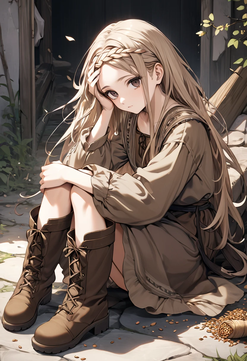  Oversized hair , fallen, brown color, seeds, Add a fringe covering her forehead, white pele, dark eyes,  teenager, 19 years old,  peasant clothing , peasant boots , feminine, sitting, full body