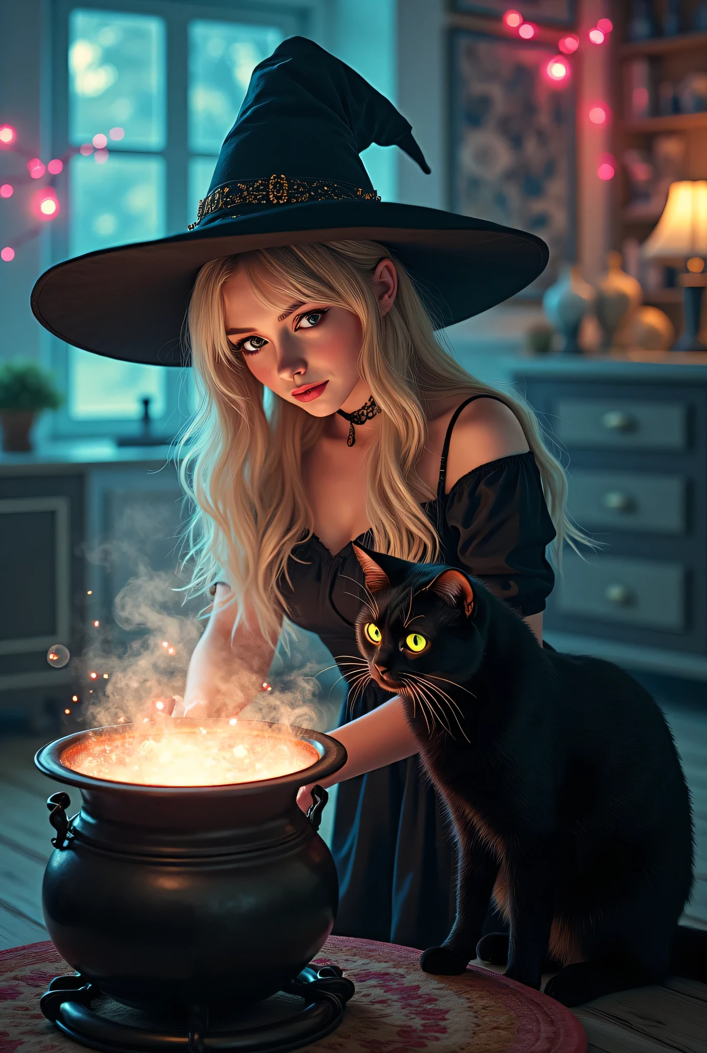 
In a room lit by a vibrant, magical glow, a young woman dressed in a witch's hat leans over a steaming cauldron. She carefully stirs the potion within, her gaze meeting the viewer's with an air of playful mystery. A black cat with captivating yellow eyes sits beside her, its attention fixed on the glowing concoction. Sparkles and colorful lights dance around them, adding to the enchanting atmosphere. Dark anime fantasy art, fantasy art, goth art,  a picture of a female vampire, exquisite beauty, full body shot, dark glamour shot,  pale white skin, dark blond hair, long hair, wavy hair, (glowing green: 1.3) eyes,(centered scale to fit dimensions, Rule of thirds),

High resolution, sharp focus, (ultra detailed, extremely detailed), (photorealistic artwork:1.37), 8k wallpaper,((synthwave background theme)),((vibrant colors)),(intricate),masterpiece,(best quality),