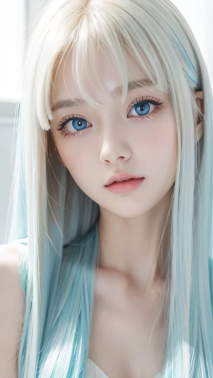 Perfectly beautiful young face 、 messy silky beautiful blonde 、 beautiful cute first time at 19 々Beautiful girl、very beautiful pretty insanely bright pale mint blue big eyes、 very super long beautiful blonde silky shiny hair 、long beautiful bangs 、Very big eyes、Small Face Beauty、 eyeliner 、Very white shiny skin、Gloss Face、Cheek gloss、Hair above the eyes、片Hair above the eyes、 hair between eyes 、Round face