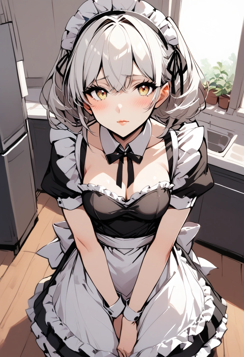 A hot young girl in the kitchen, dressed as a sexy maid