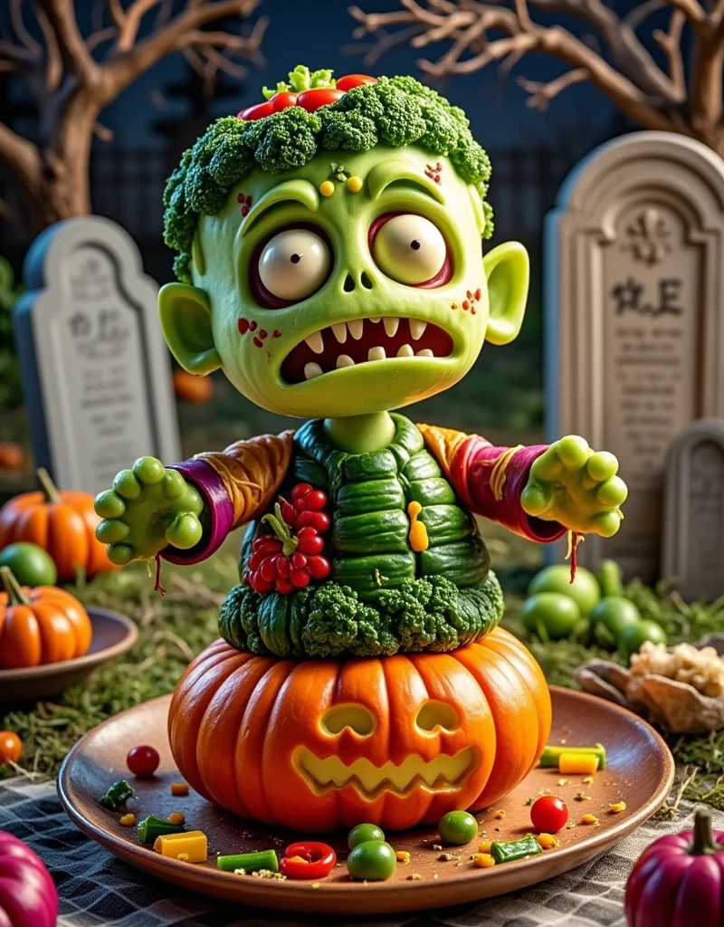 all kinds of vegetables are cleverly assembled into a cute Chinese Qing Dynasty zombie