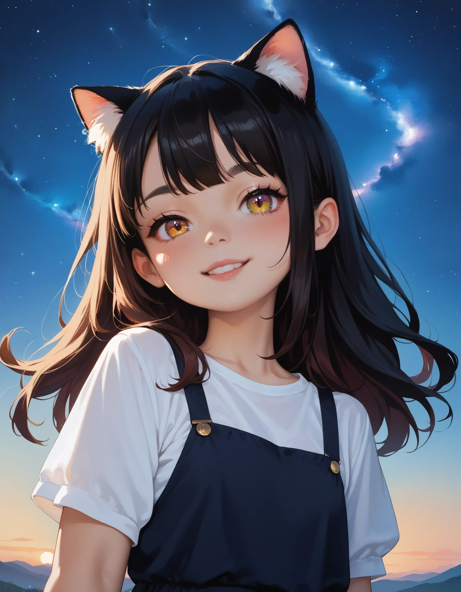 score_9, score_8_up, score_7_up, source_anime, best quality, masterpiece, seductive_smile, looking at viewer, 1girl, anime coloring, loli, cat ears, starry night sky, 