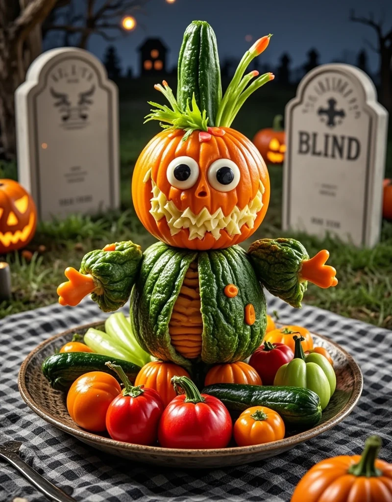 various vegetables are cleverly assembled into a cute ghoul eating bread