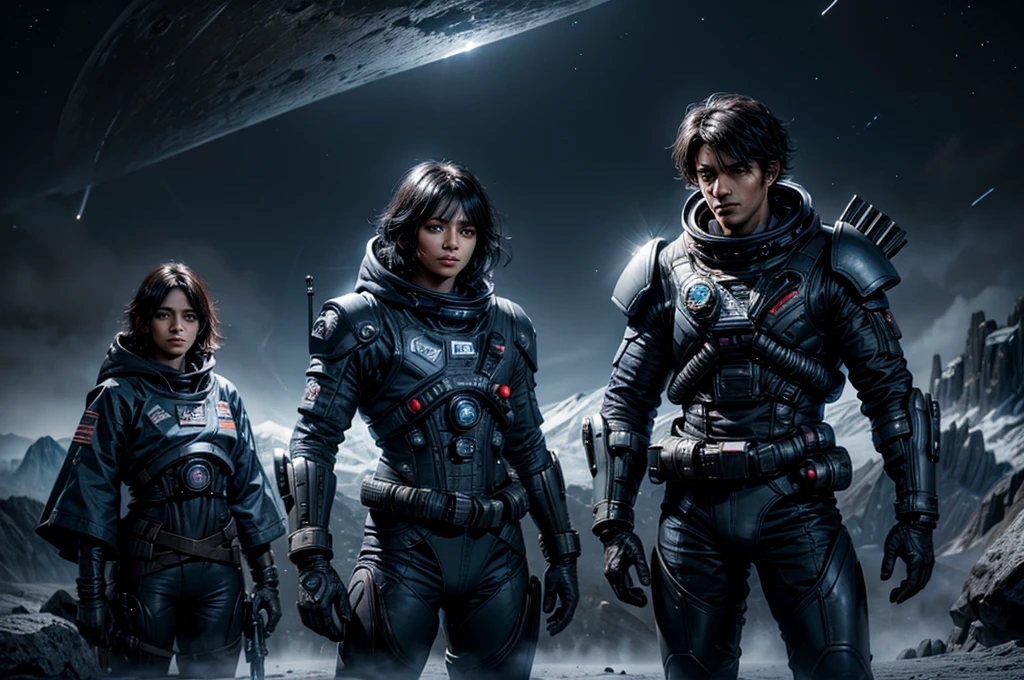 MariaCalavera, dark skin, black hair, short hair, silver eyes, smile, space suit, belts, hood, cowboy shot, (dynamic pose), standing with colleagues on alien planet, valley, jagged mountain range in the distance, lunar type surface, distant space-station in the night sky, (volumetric lighting), intricate details, tonemapping, sharp focus, hyper detailed 