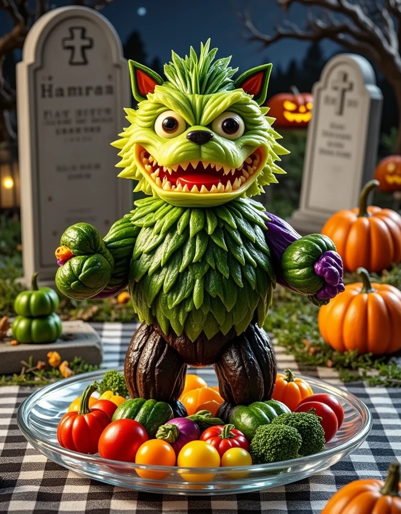 On Halloween night, Various vegetables cleverly form a cute werewolf, realistic photography, gourmet carvings, unique shapes, colorful colors, bright colors, standing on a high-end transparent jade plate, a gloomy cemetery, covered with a checkered tablecloth, Detail characterization, gourmet product photography, film and television lighting effects, advanced filters, octane rendering