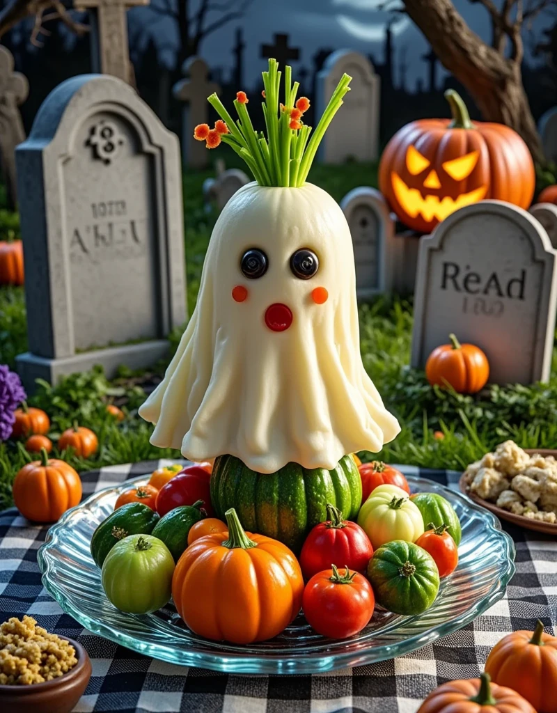 On Halloween night, all kinds of vegetables are cleverly assembled into a cute ghost and sprinkled with candy, realistic photography, gourmet carvings, unique shapes, colorful colors, bright colors, standing on a high-grade transparent jade plate, a gloomy cemetery, paved with latticework Tablecloth, detail characterization, food product photography, film and television lighting effects, advanced filters, octane rendering