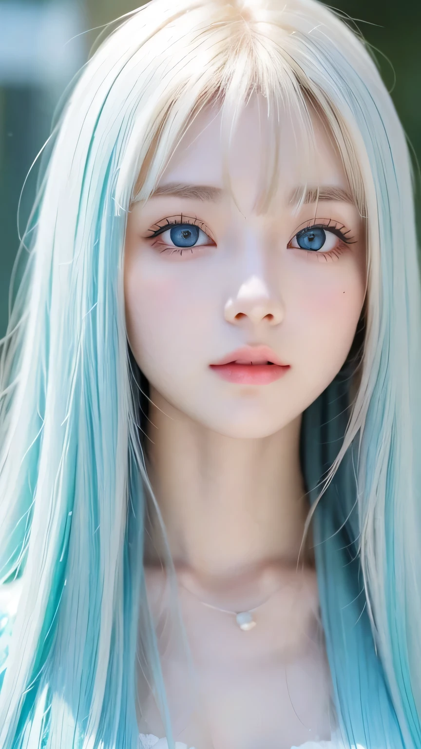 Perfectly beautiful young face 、 messy silky beautiful blonde 、 beautiful cute first time at 19 々Beautiful girl、very beautiful pretty insanely bright pale mint blue big eyes、 very super long beautiful blonde silky shiny hair 、long beautiful bangs 、Very big eyes、Small Face Beauty、 eyeliner 、Very white shiny skin、Gloss Face、Cheek gloss、Hair above the eyes、片Hair above the eyes、 hair between eyes 、Round face