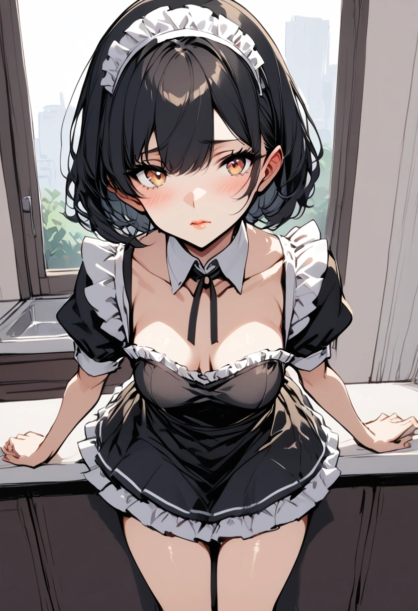 A hot young girl in the kitchen, dressed as a sexy maid ((  short hair is black))