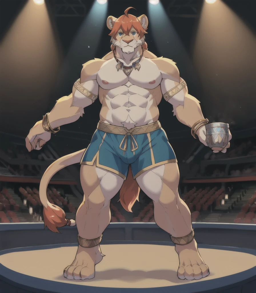 Born, masterpiece,   Best Quality , Realistic, hi res, An absurd solution, Complex eyes,        Intricate Weave       ,        Detail lighting    ,       high detail, ,      Description Depth of Boundary  ,
       beautiful eyes, Detailed eyes,
Arena,     Looking down on the audience     , Rear view of posture  ,return,
(Alone),  Like fur,        anthro       , kemono,     lion, , thin, (      muscular body flowing through a bowl:1.2), adult,40 years old, male,        bodybuilder,Hercules,Strongest,,Golden Collar,ゴールデン       bracelet,: 190cm,Weight 90kg,Body hair, Tail tassel, moustache,Meatballs,       blue eyes      ,Long limbs,Long body,Long limbs,Long legs,Brown nipples,
Hair tied up,  Eyebrow hair  ,Ahoge,       side lock,Cross Bun,
  standing  , smile,knees,ankle,Toes, Long body,Long arms,Long limbs,Long limbs,Long limbs,Long limbs,       cup earrings       ,
,     necklace     ,,       bracelet, Blue shorts,