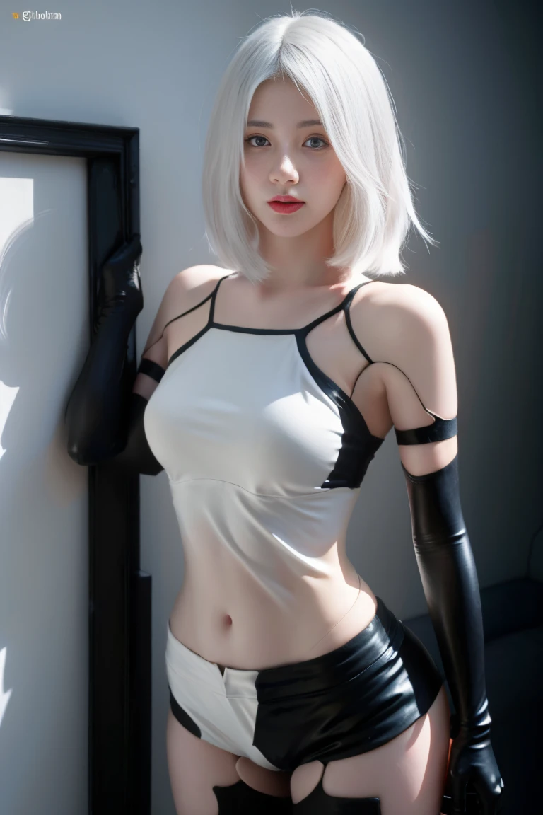 sfw, ((lying back on bed top view)),  (masterpiece:1.3), (8k, photorealistic, RAW photo, best quality: 1.4), (1girl), beautiful face, (realistic face), (black hair, short hair:1.3), Nice hairstyle，Realistic Eyes，Nice detail eyes，（Realistic Skin），Beautiful Skin，Ridiculous，attractive，Ultra high Resolution，an ultra realistic，RAWExtremely detailed，golden proportions，Full body photo, Woman wearing business outfit, formal blazer, white blouse, beautiful, masterpiece, best quality, perfect lighting, (white hair:1.4), long hair, (grey eyes:1.2), slender build, thin, medium breasts, business woman, ceo, luxurious black leather, giant modern window with view of nighttime city skyline in background, close up, wearing bra,((skinny waist)), young asian girl, ((big breasted)),