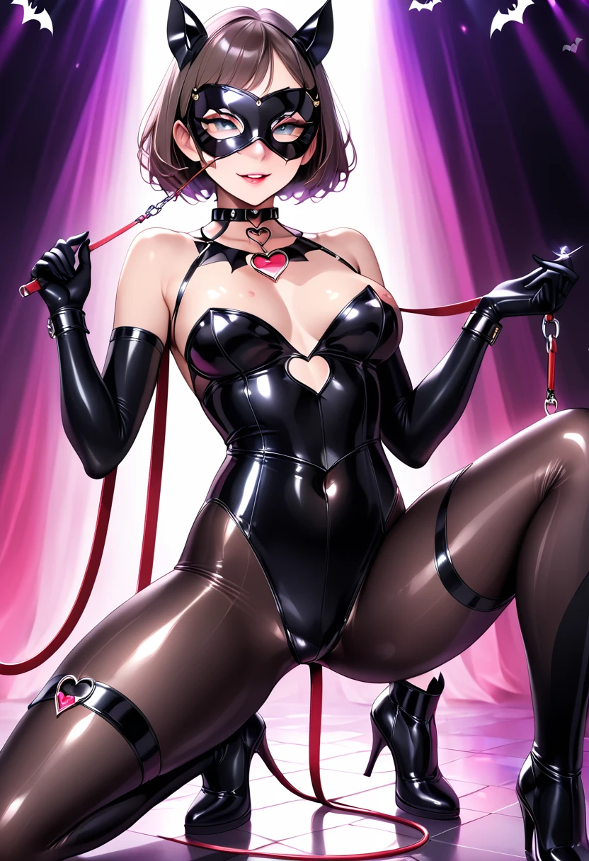 Woman. One person. Short hair. Polish. Ecstasy. Permeable body tights that cover the whole body. Metallic costume. Bat motif eye mask. Long black gloves. Black long boots. Thick legs. Open your legs. Collar with keys. Leash on the collar. Heart crystal nipples. with a heart crystal. Stage.