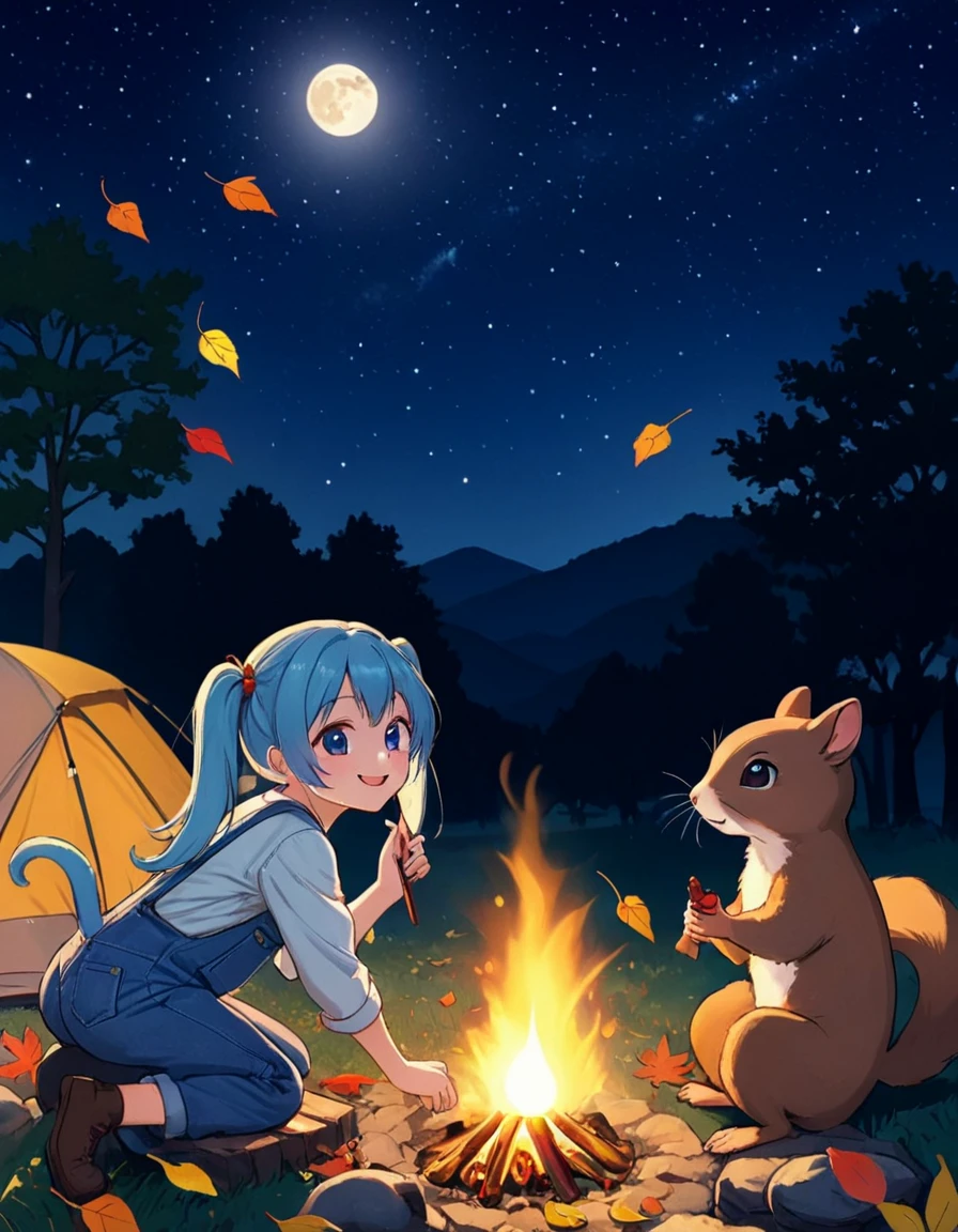  light blue long hair、Beautiful girl with twin tails、Cute denim coveralls 、Autumn leaves campsite 、 with little characters 、I'm making curry、 little characters are watching with a smile、 squirrels are gathering 、Moonlit Night、The starry sky is beautiful