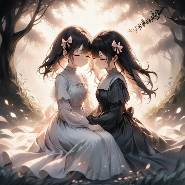 illustration, pastel,best quality, 2girls, somber expressions, one girl with short dark hair wearing a dress with a large bow, the other with long dark hair in a flowing dress, seated together, gentle embrace, closed eyes, dark and textured background, ethereal and melancholic atmosphere, soft lighting, vintage and ghostly feel, emotional and intimate scene