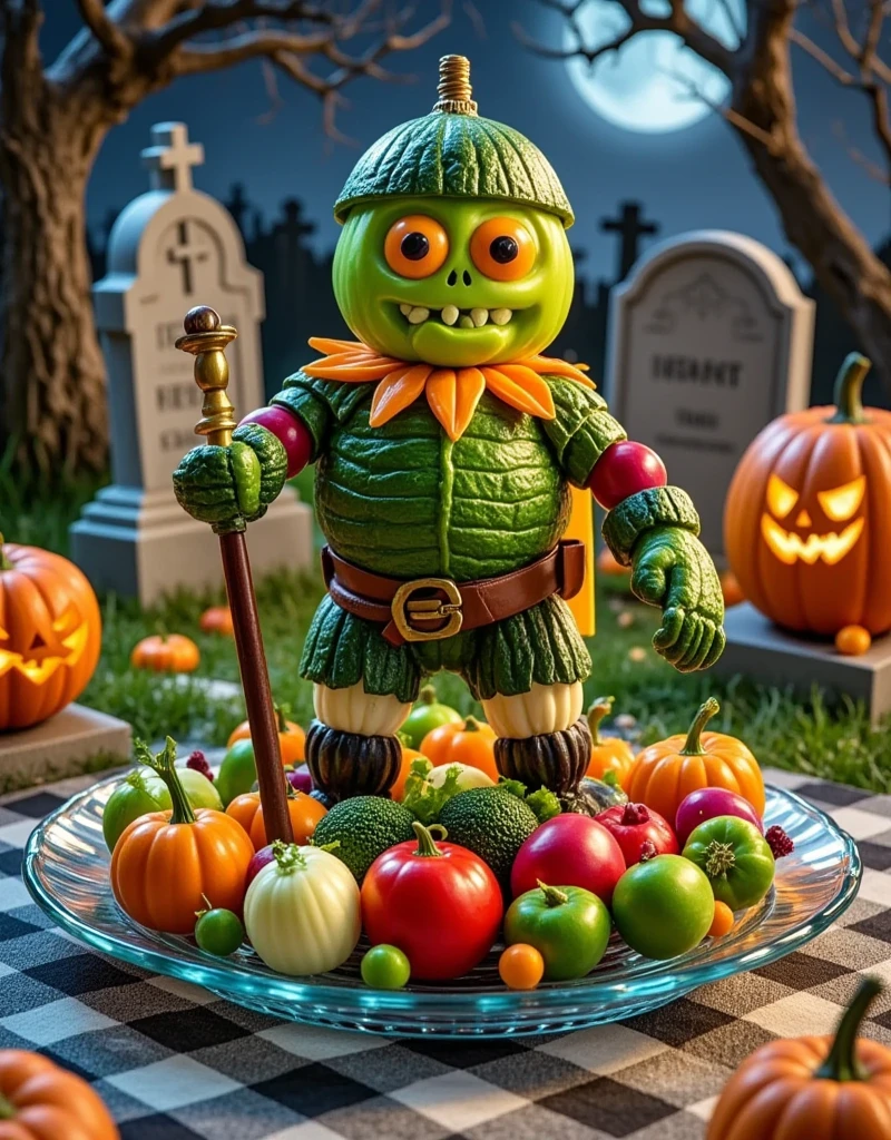 On Halloween night, all kinds of vegetables are cleverly assembled into a cute knight, realistic photography, Halloween food carvings, unique shapes, colorful colors, bright colors, standing on a high-grade transparent jade plate, a gloomy cemetery, covered with a checkered tablecloth , detail characterization, food product photography, film and television lighting effects, advanced filters, octane rendering