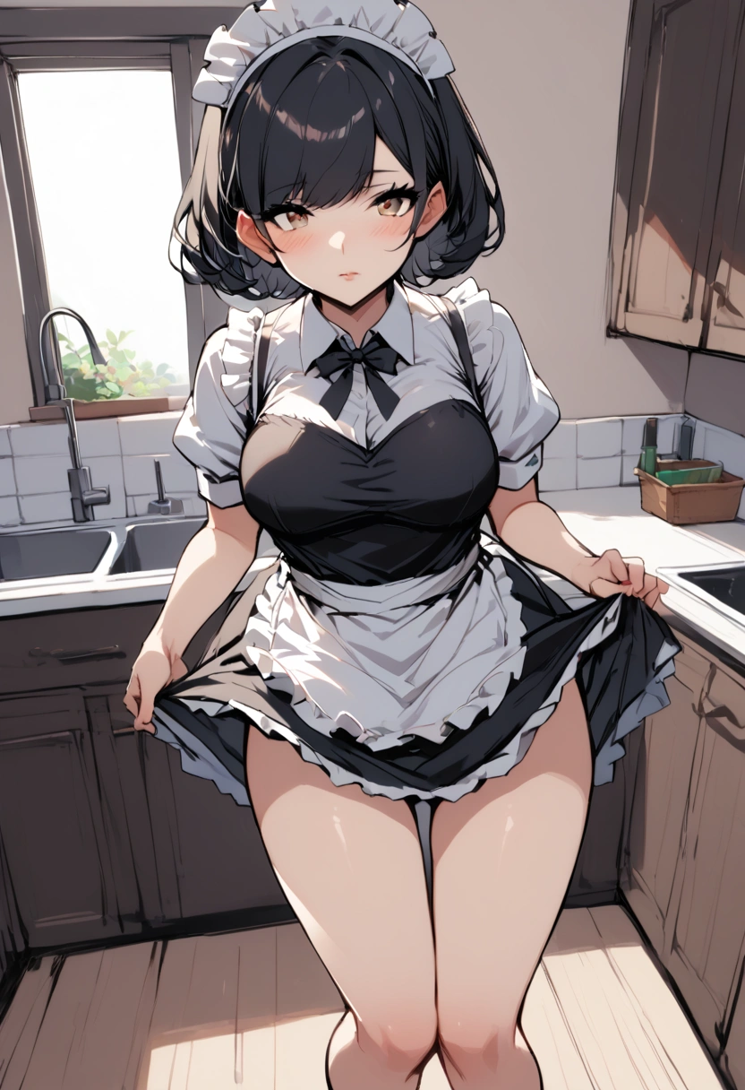 A hot young girl in the kitchen, dressed as a sexy maid ((  short hair is black)) big body, Cleaning the house without panties, 