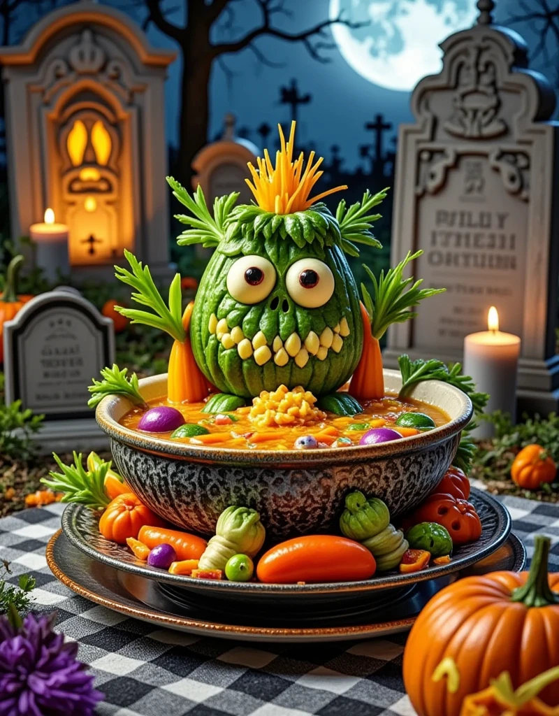 Halloween night, (colorful soup monster), artistic expression, stunningly beautiful work, the characters and elements of the landscape fit perfectly into the frame of the image, realized in detail, defining high quality, expressive faces, piercing eyes, (haunted house kitchen), masterpiece, (cute soup monster), gourmet product photography, film and television lighting effects, advanced filters, octane rendering, realistic photography, Halloween food carvings, unique shapes, colorful colors, bright colors