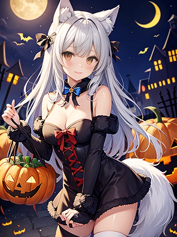 (top-quality、in 8K、32K、masterpiece、nffsw、超A high resolution、Impresionismo、Photorealsitic:1.2)、Colossal tits、cowboy shot、Fox Pose、 detailed faces and eyes、 nightcity、Dim Street Lights、A jack-o'-lantern is placed on the road、Halloween Costumes、beauitful face、blurry backround、16-year-old beautiful girl、shinny skin、long、Wolf ears、Wolf's tail、Long clawed fingers、Silvery beautiful hair、Blunt bangs、The eyes are yellow eyes、(Katyusha:1.2)、Long wolf hand、Hooded pink hoodie、Mini skirt、Collar with black laces、Curve、Stand on one knee、(Panties are visible:1.2)、A smile with open mouth and fangs bared、Triangular sitting、Opening legs