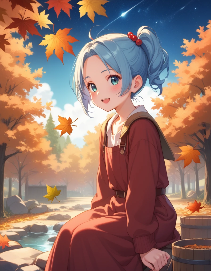  light blue long hair、Beautiful girl with twin tails、Cute denim coveralls 、Autumn leaves campsite 、 with little characters 、I'm making curry、 little characters are watching with a smile、 squirrels are gathering 、Moonlit Night、The starry sky is beautiful