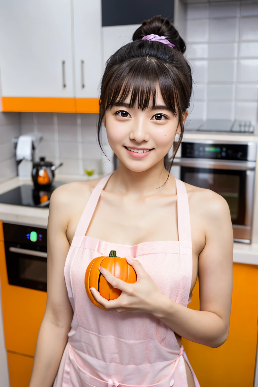 Cute like an idol、Cute and adorable、A girl with a young face、Smiling Kindly、Naked with only an apron on、Naked under the apron、Cleavage、(kitchen)、whole body、Accurate、Anatomically correct、Textured skin、Very detailed、 Attention to detail、Highest quality、High resolution、Genuine、Indistinguishable from live-action、realism、Real Stick、RAW Photos、Genuine、masterpiece