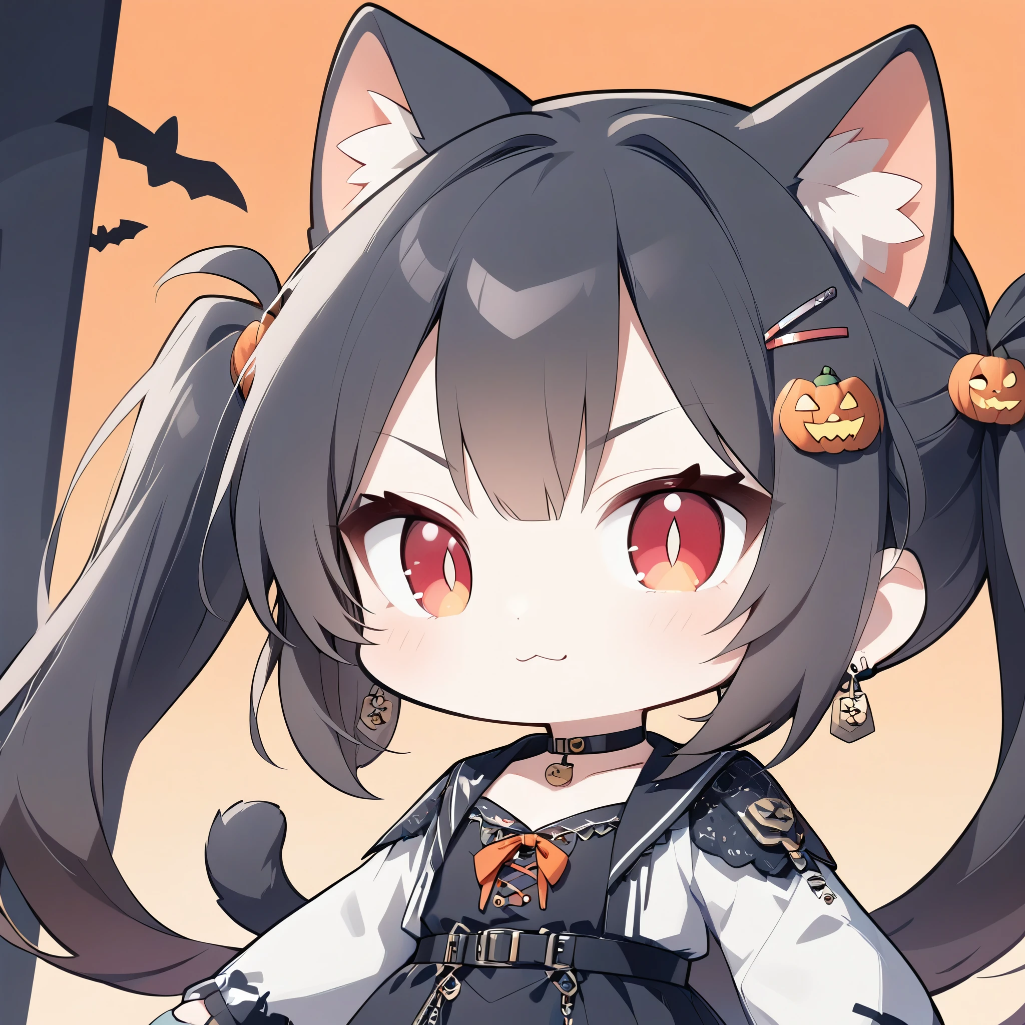 1girl,solo,Portrait of a girl in chibi style, (Chibi Style:1. 8),smugness,Teenage Girl,Red eye,(slit pupils),:3,Black Hair,parted bangs,Long Hair,Twin tails(Red Gradient),Cat ears and tail,Earrings,Hair Clip,halloween costume,Choker,halloween
