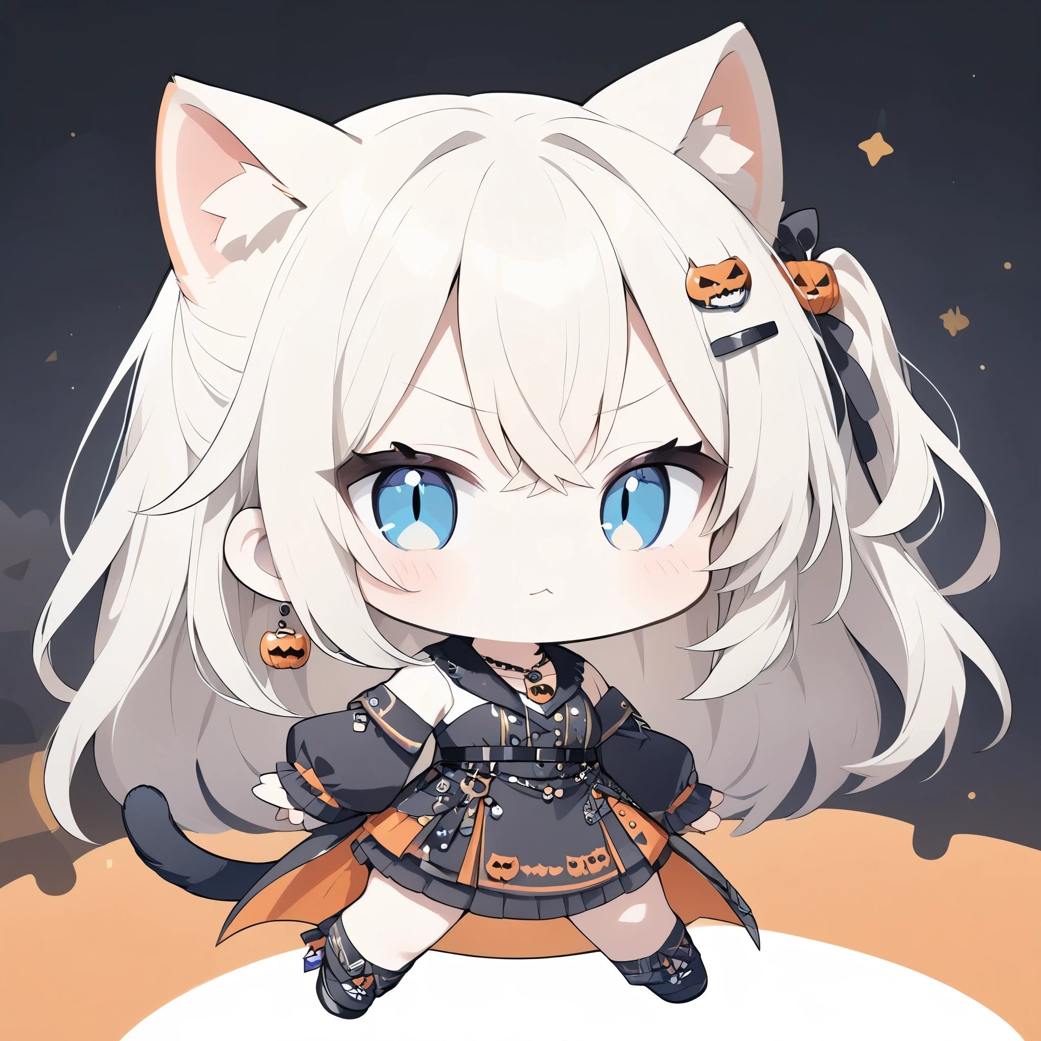 1girl,solo,full body,embarrassed,Portrait of a girl in chibi style, (Chibi Style:1. 8),:3,Teenage Girl,blue eyes,(slit pupils),Beautiful fine details,Golden Hair,Long Hair,two side up,Cat ears and tail,Crossed bangs,between hair,halloween costume,Earrings,Hair Clip,necklace,ring,masterpiece,A classic Halloween party scene
