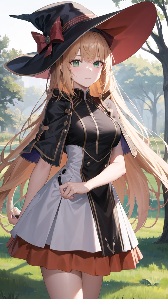 masterpiece, best quality, highres, bbcaster, long hair, green eyes, halloween Dress, standing, cowboy shot, outdoors