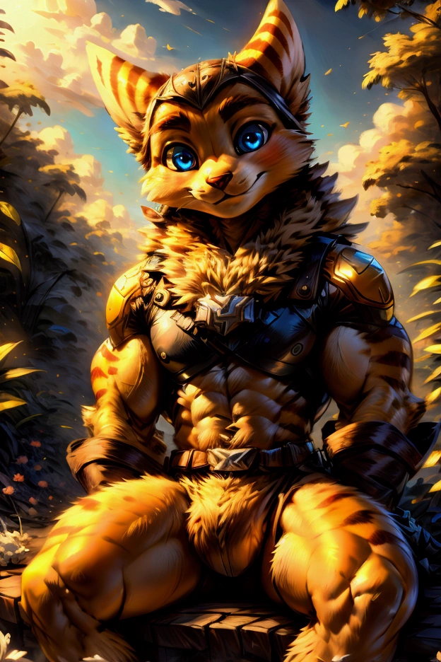  suggestive content ,  A high resolution ,  super high resolution , beautiful details,   beautiful eyes of God  , [ sharp focus], cold-colored background lighting , Alone,
ratchet, eyes, located in a jungle area , (  sitting in front of the audience):1.1,
(Detailed fluffy coat):1.3, chest muscles, With defined muscles, large crotch bump ,  tight white spacesuit,
author：Spinal cord, by [zackary911, Chunie, SS, Kiyosan, sigmax ,  Dark Gems ]