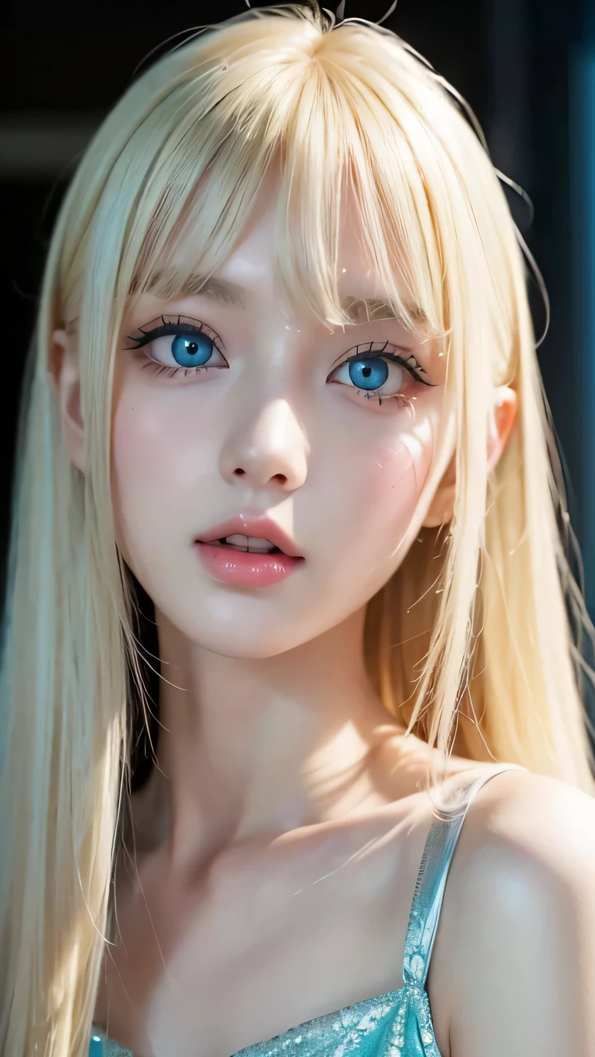 Perfectly beautiful young face 、 messy silky beautiful blonde 、 beautiful cute first time at 19 々Beautiful girl、very beautiful pretty insanely bright pale mint blue big eyes、 very super long beautiful blonde silky shiny hair 、Super long blonde hair、long beautiful bangs 、Very big eyes、Small Face Beauty、 eyeliner 、Very white shiny skin、Gloss Face、Cheek gloss、Hair above the eyes、片Hair above the eyes、 hair between eyes 、Round face