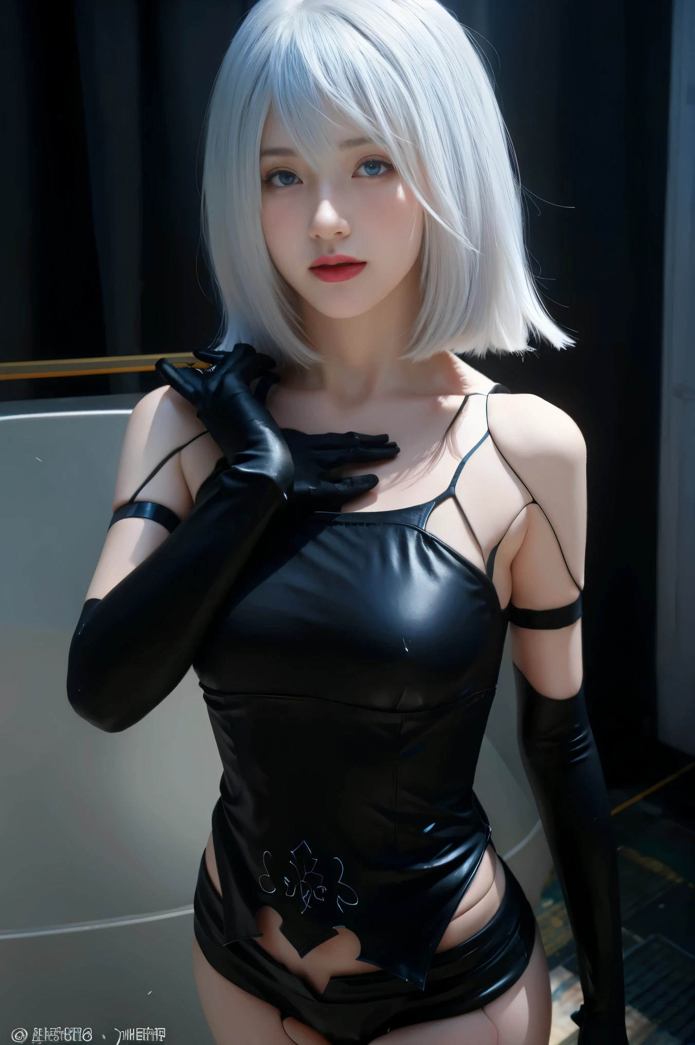 best quality,tmasterpiece,Ultra-high resolution,Clear face,(Reality:1.4),(RAW photo),cold light,(upper body photo:1.5), (photorealistic:1.50), anime wallpaper, Guviz style artwork, fantasy close-up to magic, by Yang J, Guviz, beautiful artwork illustration, beautiful digital artwork, beautiful digital illustration, Li Song, beautiful anime portrait, art style at Beauvot, 1girl, solo, is, bare shoulders, black gloves, blue eyes, breasts, elbow gloves, gloves, joints, medium breasts, Moles, Moles under mouth, short hair, shorts, thighs, white hair, torn clothes, asymmetrical footwear,
Looking at the audience, Curtain background, pose Selfi, pose sexy, sensual,