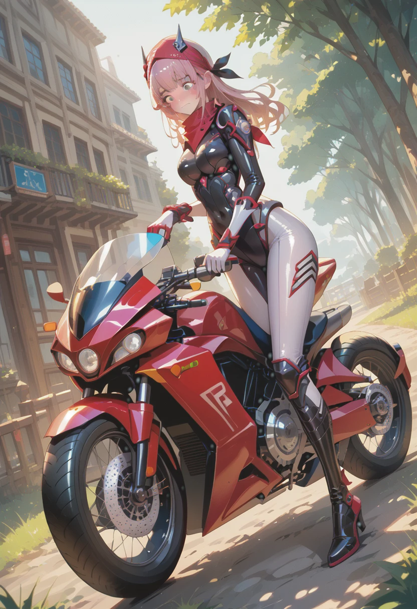  (high resolution)(dutch angle)( very beautiful girl、 Shiny, Shiny, Shiny Skin 、embarrassed,、Beautiful Bangs)neat_(nod)(Rider Suit、Gloves、 rider boots 、bandana） big bike ,pit work 