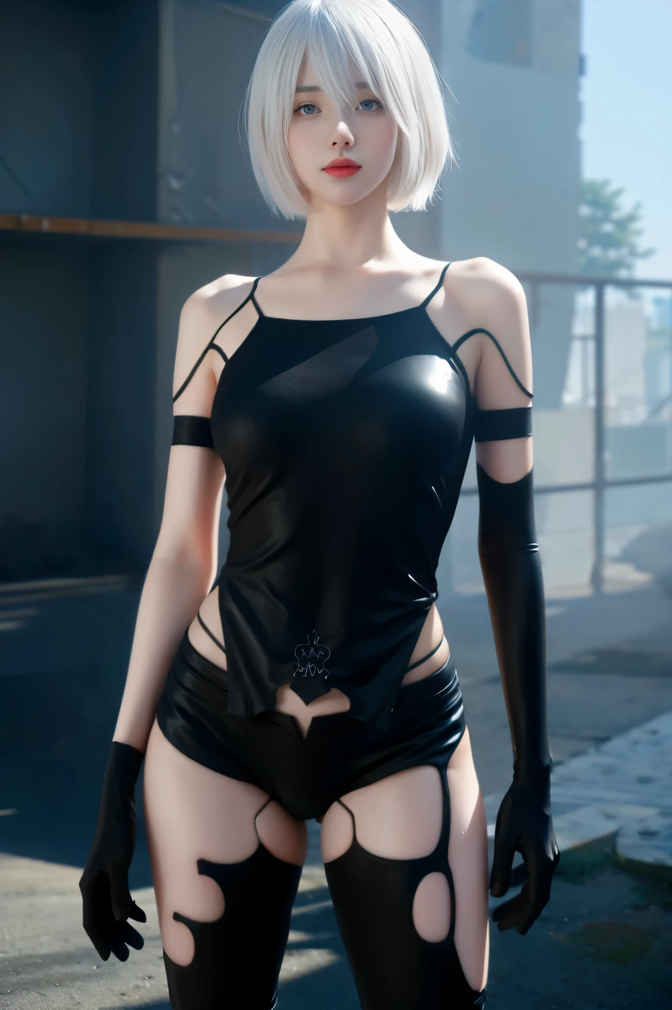 ((((masterpiece, best quality, high resolution)))), Extremely detailed 8K, Beautiful girl with voluptuous body, (Ultra HD, Ultra-detailed, Highly detailed, Highly realistic, Ultra-realistic, photograph realistic), (1girl:1.5), (Realistic white hair), (short silky hair, hair ornaments, earrings), (dynamic poses), facing at camera, looking at viewer, (blushing red, embarrassed, exhausted, smirk), (bright red eyes, sharp eyes), (small perky breasts:1.2), (wide hips:1.2), (beautiful detailed face, beautiful detailed eyes), ((black highleg leotard, Origleotard, thighhighs, breast)), (detail pussy), (standing up:1.3), sweat, glow, (nightlight), ((cowboy shot)), bedroom, seductive