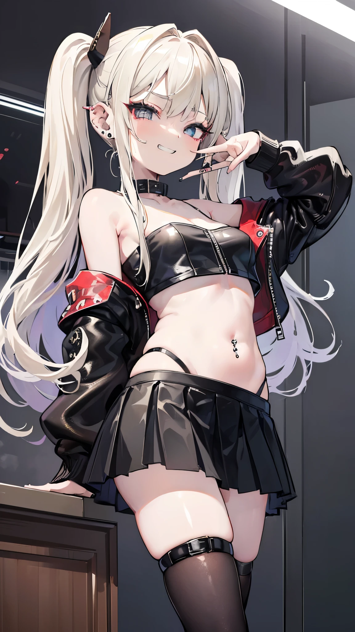 young girl, Long white hair, cat ears, violet eyes, leather jacket, briefs, tear stockings, Black Top, open belly, Lots of scars, claws, anger, Masterpiece, hiquality