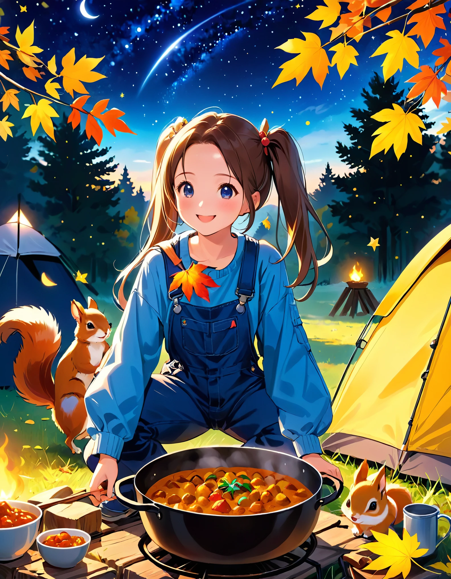  light blue long hair、Beautiful girl with twin tails、Cute denim coveralls 、Autumn leaves campsite 、 with little characters 、I'm making curry、 little characters are watching with a smile、 squirrels are gathering 、Moonlit Night、The starry sky is beautiful