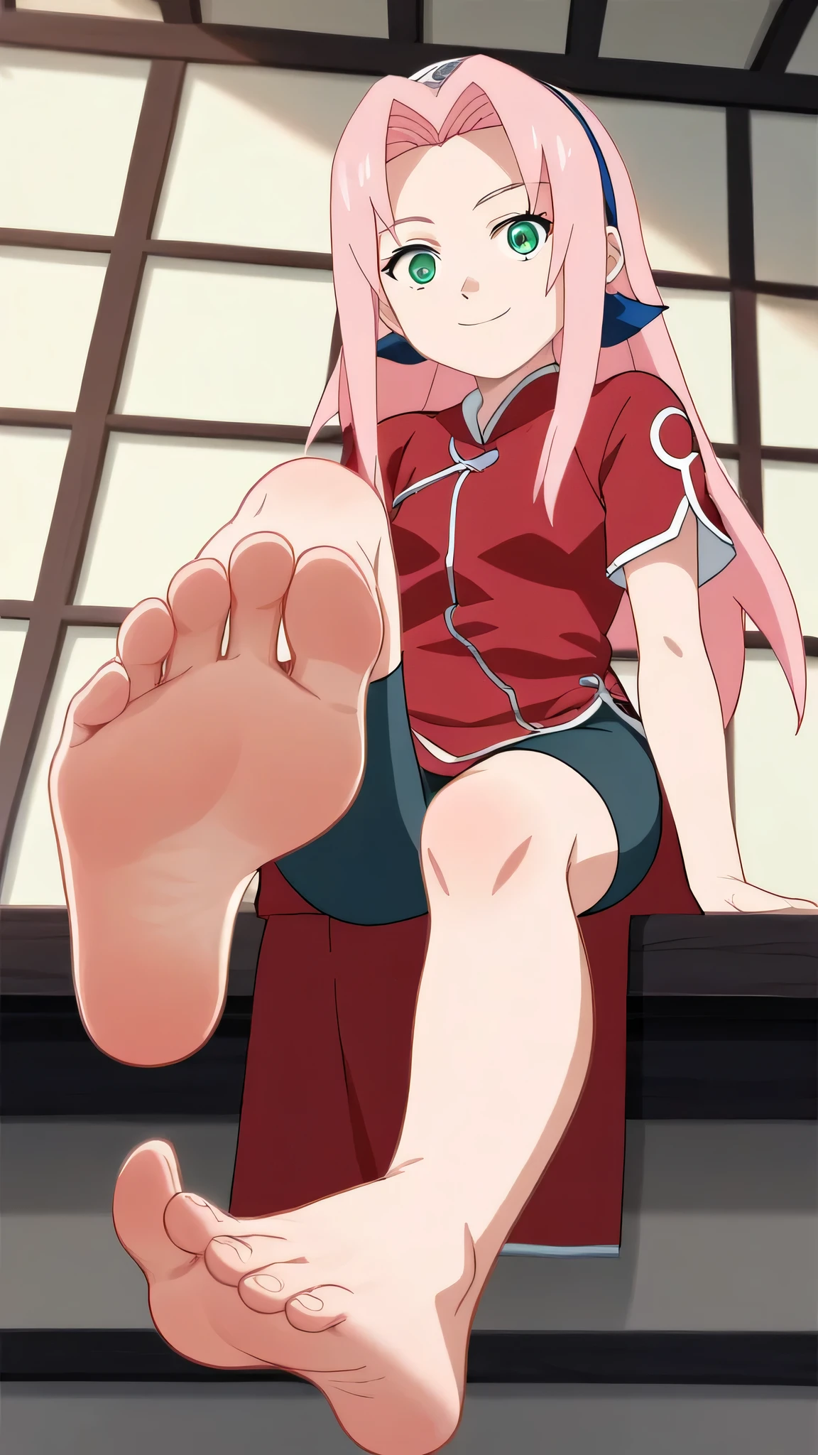 score_9, score_8_up,source_anime,
1girl, Sakura Haruno, pink hair, long hair, green eyes, red qipao, short sleeves, bike shorts,alone, looking at viewer, smile, cowboy shot, ANIME SCREENCAP, anime coloring, in the room, sitting, barefoot，Perfect feet，Anatomically correct，soles，Low Angle，Focal length 35mm, Five toes，front，Symmetrical Soles，Foot Focus