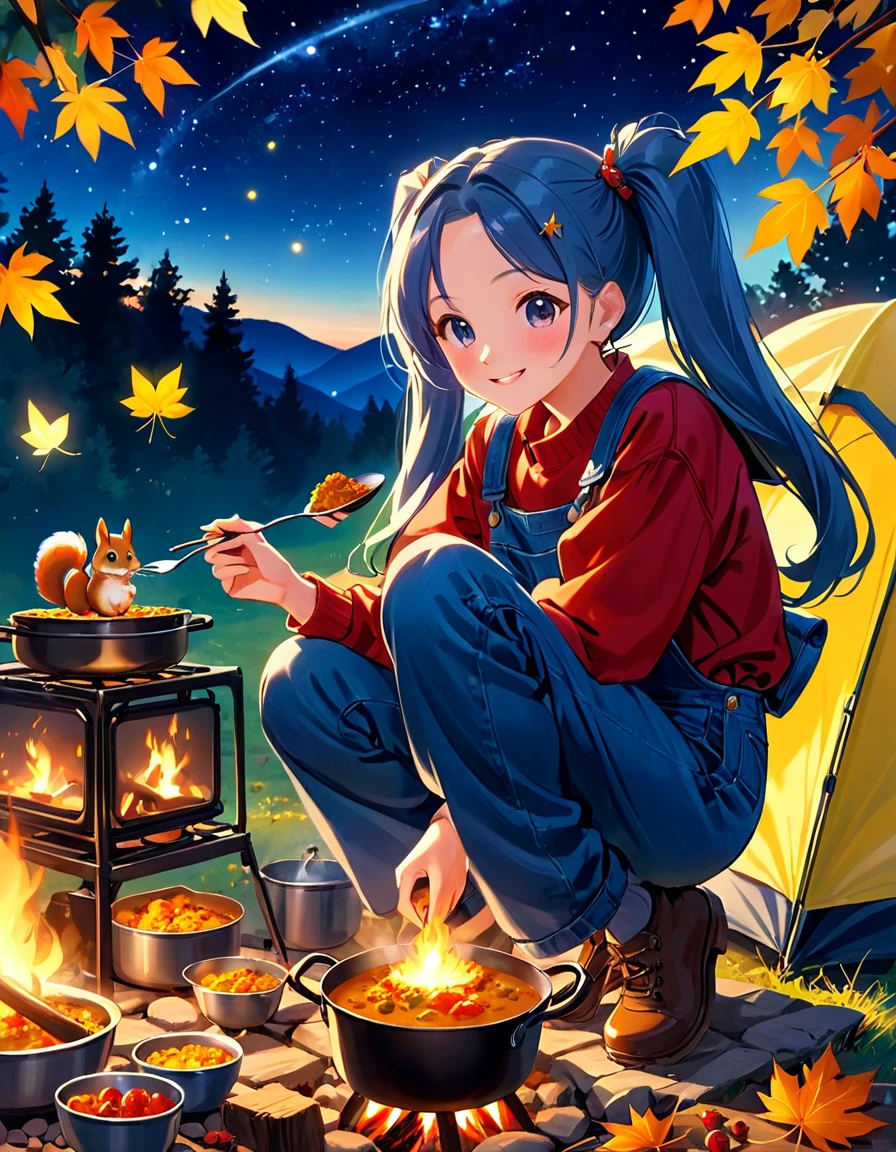  light blue long hair、Beautiful girl with twin tails、Cute denim coveralls 、Autumn leaves campsite 、 with little characters 、I'm making curry、 little characters are watching with a smile、 squirrels are gathering 、Moonlit Night、The starry sky is beautiful