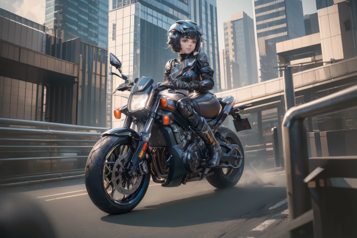 (high resolution)(dutch angle)( very beautiful girl、 Shiny, Shiny, Shiny Skin 、embarrassed,、Beautiful Bangs)neat_(nod)(Rider Suit、Gloves、 rider boots 、bandana） big bike ,pit work 