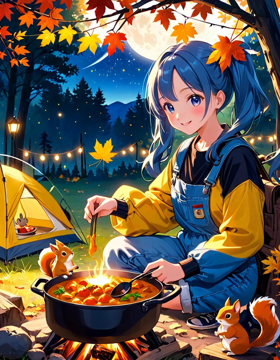  light blue long hair、Pretty Girl with Twin Tails and Chibi Characters、Cute denim coveralls 、Autumn leaves campsite 、 with little characters 、I'm making curry、 little characters are watching with a smile、 squirrels are gathering 、Moonlit Night、The starry sky is beautiful