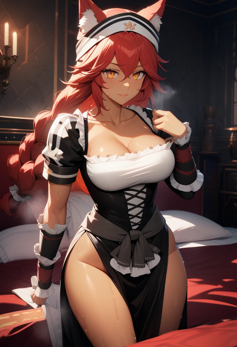 masterpiece,best quality,high resolution,8k,ultra HD,wallpaper,illustration,perfect face,cowboy shot,beautiful detailed eyes,extremely detailed face,perfect lighting,extremely detailed CG,perfect anatomy,perfect body,perfect hands,perfect fingers,1woman,full body,,muscle fighter body,(red hair),blonde eyes,large breasts,Medium ass,,(black long high-leg maid dress),,clothed,,collarbone,,looking at viewer,(),Steam,sweat, on the bed,(overlord character Lupusregina),adult,red wolf small ears