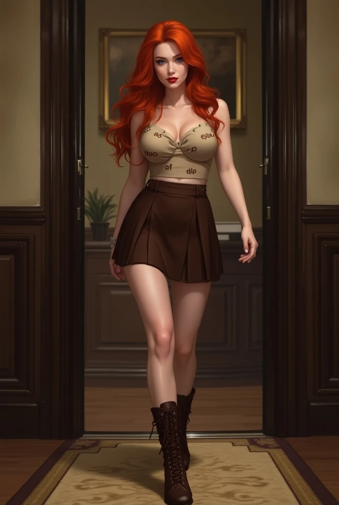 woman wearing suspenders and miniskirt, leather, straps, buckles, steampunk, open leather duster, red hair