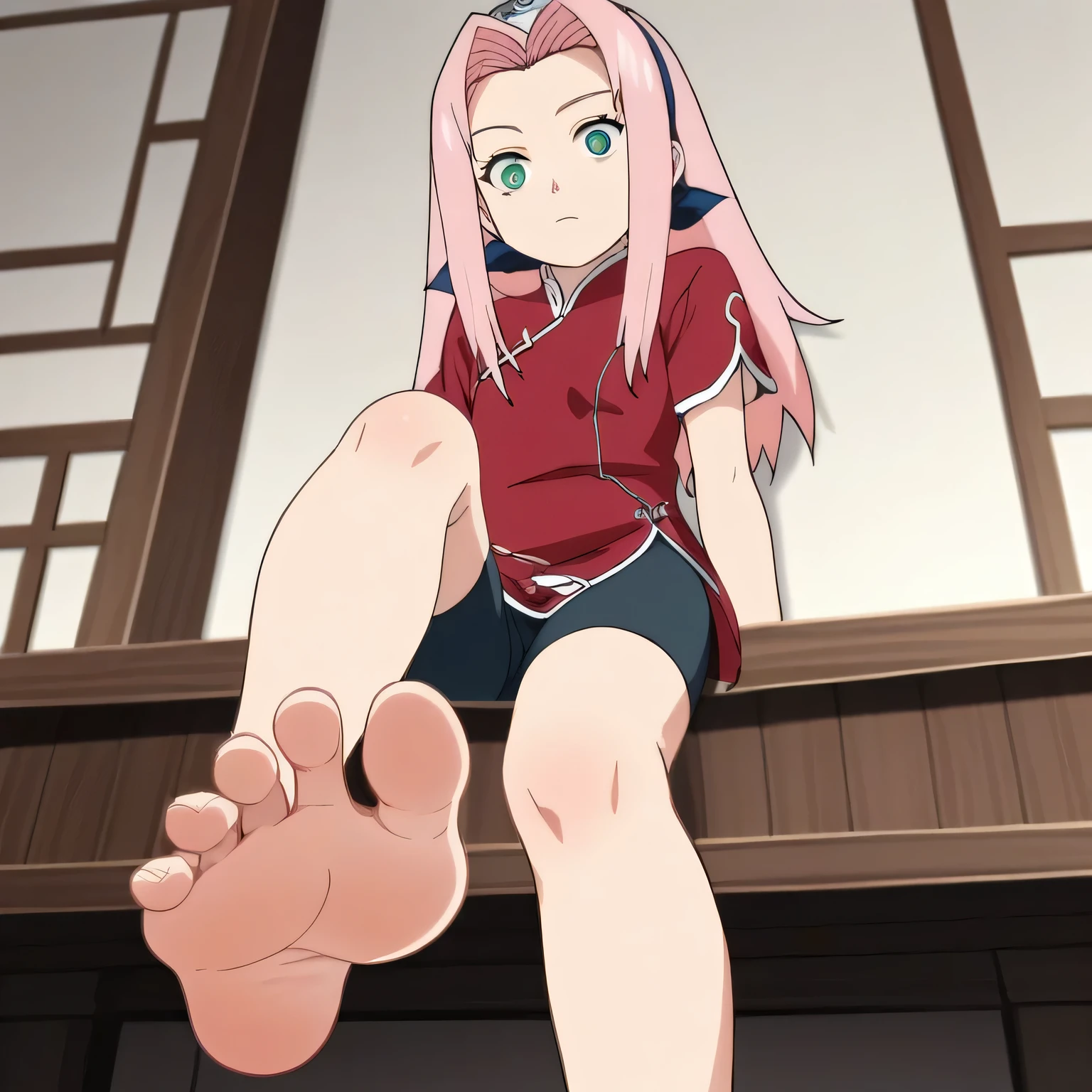 score_9, score_8_up,source_anime,
1girl, Sakura Haruno, pink hair, long hair, green eyes, red qipao, short sleeves, bike shorts,alone, looking at viewer, cowboy shot, ANIME SCREENCAP, anime coloring, in the room, sitting, barefoot，Perfect feet，Anatomically correct，soles，Low Angle，Focal length 35mm, Five toes，front，Symmetrical Soles，Foot Focus