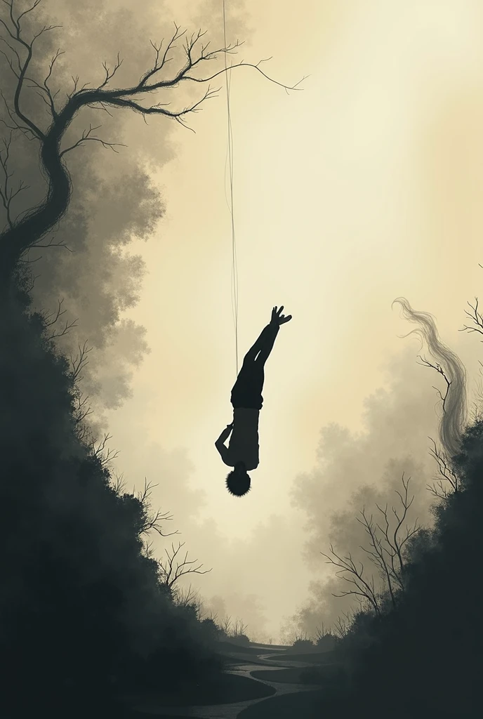 "A kidnapped person hanging upside down by their feet, with their hands tied and dangling helplessly. The perspective is from behind, showing a figure with messy, curly brown hair falling downwards, resembling Harry S. The scene is dimly lit, with a gritty and tense atmosphere, emphasizing the sense of danger and captivity."